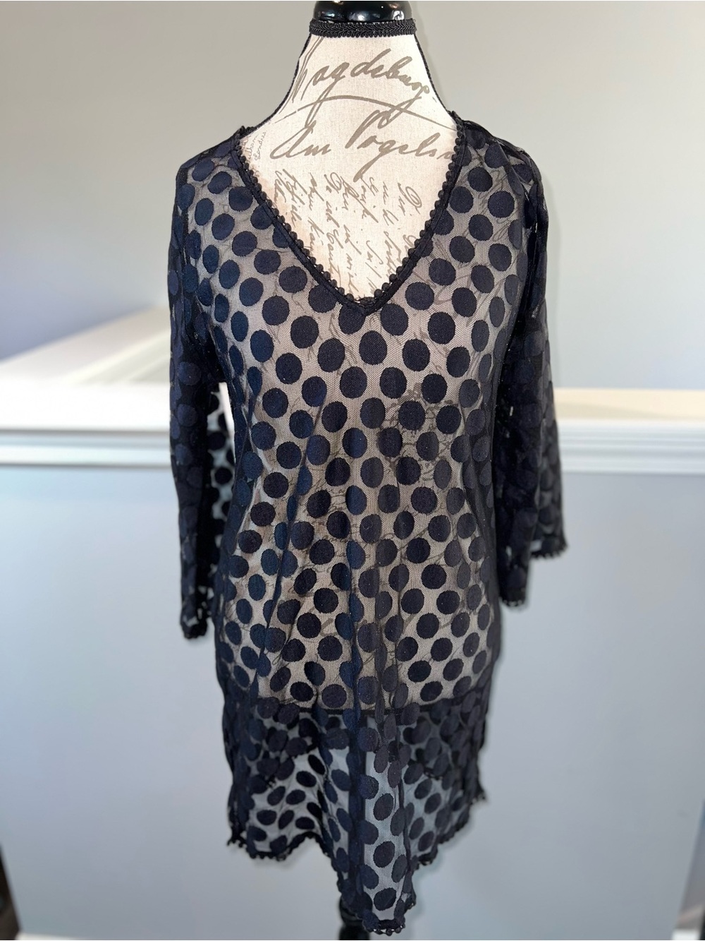 Mud Pie Black Polka Dot Sheer Swimsuit Cover-Up Tunic Size Large